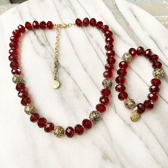Jones New York Jewelry Set Necklace Bracelet Red Gold Beaded Evening Dressy - Picture 1 of 3